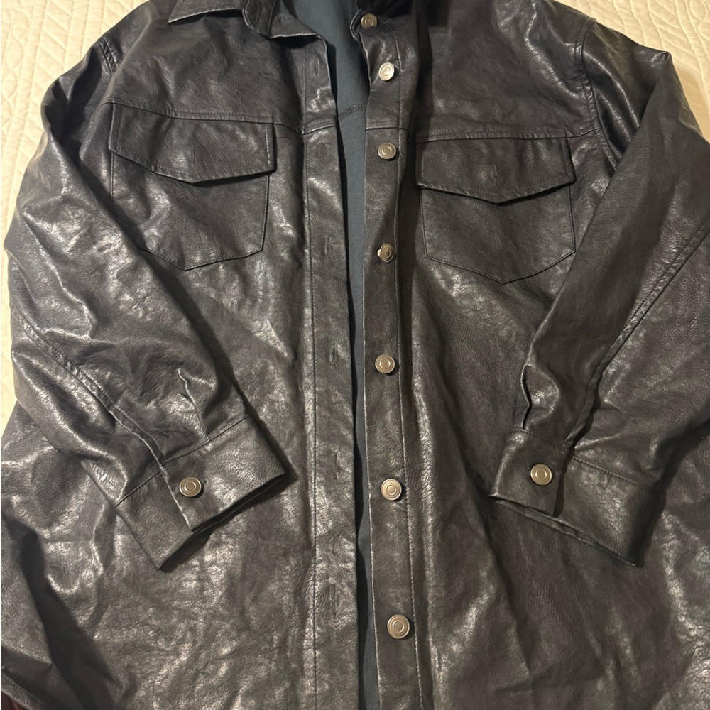She + Sky Black Leather Shirt Jacket